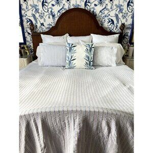 Seersucker Full/Queen Coverlet & Pair Std Pillow Shams Blue White Linen Cotton